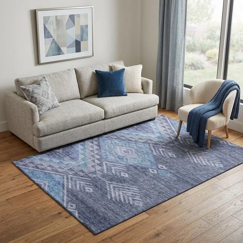 Navy Blue And Silver Geometric Washable Area Rug With UV Protection Photo 1