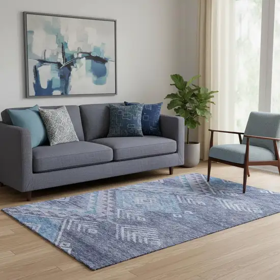 Navy Blue And Silver Geometric Washable Area Rug With UV Protection Photo 2