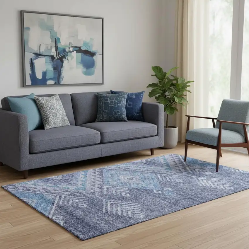 Navy Blue And Silver Geometric Washable Area Rug With UV Protection Photo 2