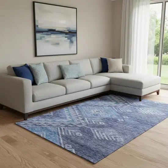 Navy Blue And Silver Geometric Washable Area Rug With UV Protection Photo 2