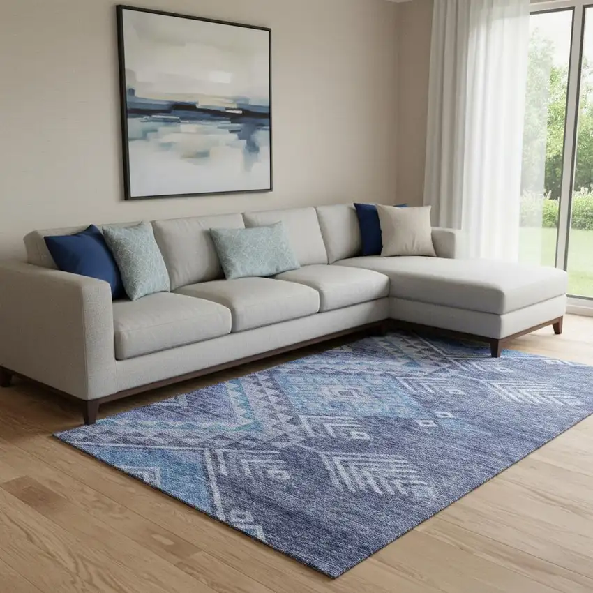 Navy Blue And Silver Geometric Washable Area Rug With UV Protection Photo 2