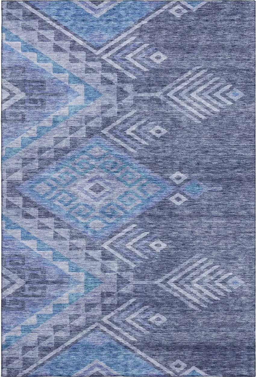 Navy Blue And Silver Geometric Washable Area Rug With UV Protection Photo 1