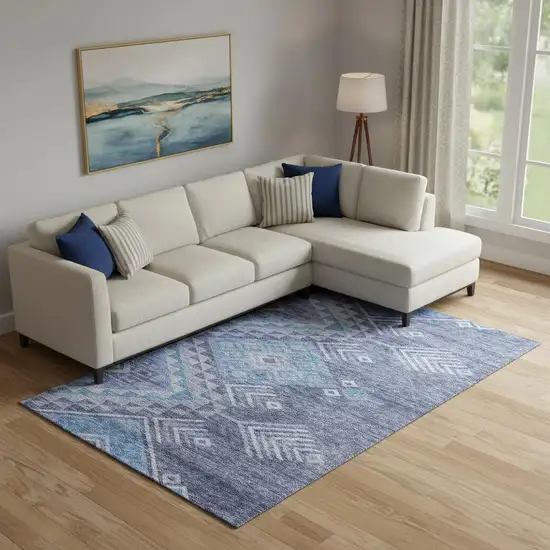 Navy Blue And Silver Geometric Washable Area Rug With UV Protection Photo 2