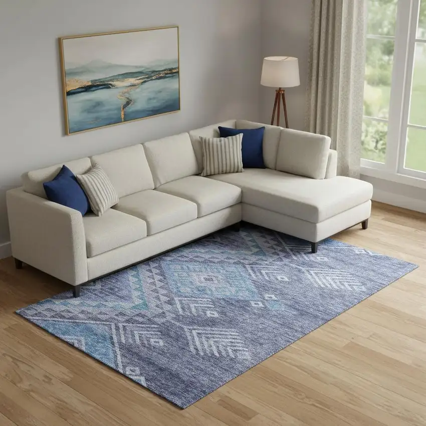 Navy Blue And Silver Geometric Washable Area Rug With UV Protection Photo 2