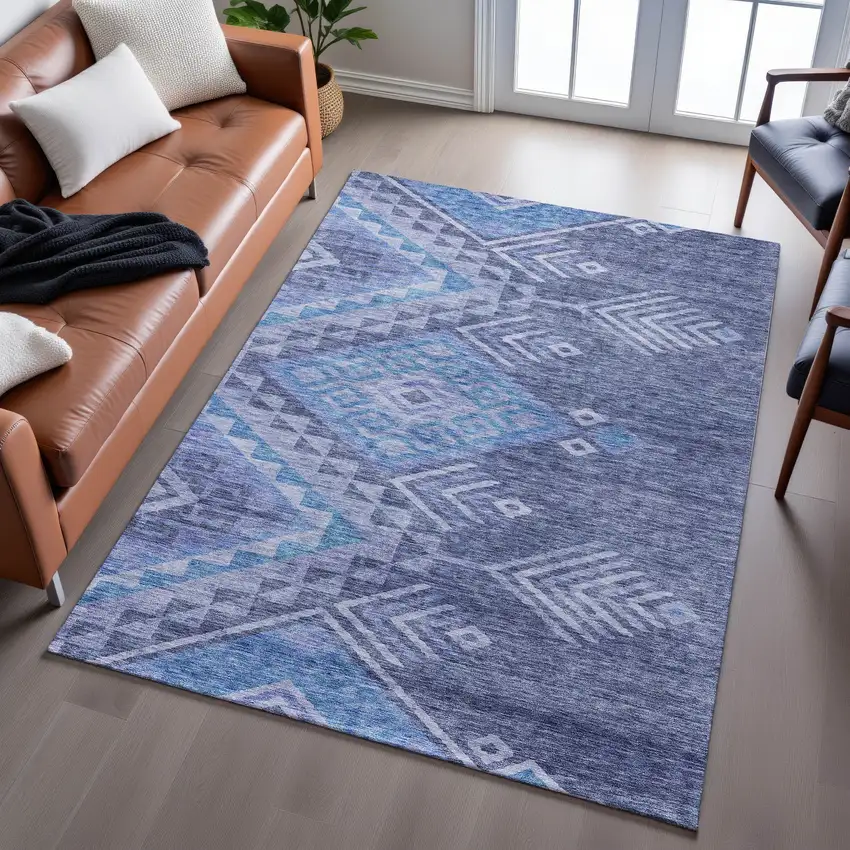 Navy Blue And Silver Geometric Washable Area Rug With UV Protection Photo 5
