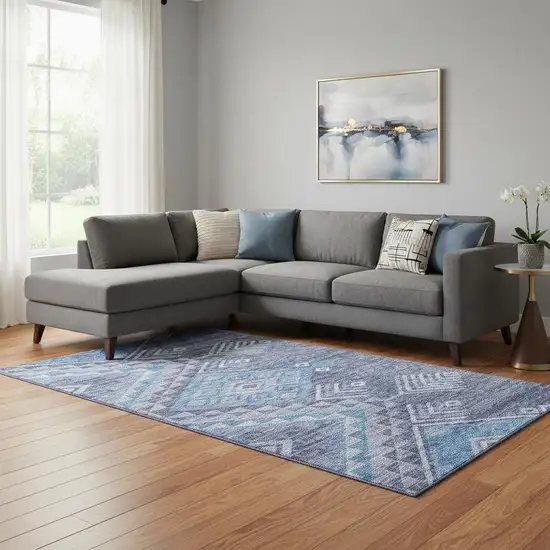 Navy Blue And Silver Geometric Washable Area Rug With UV Protection Photo 2