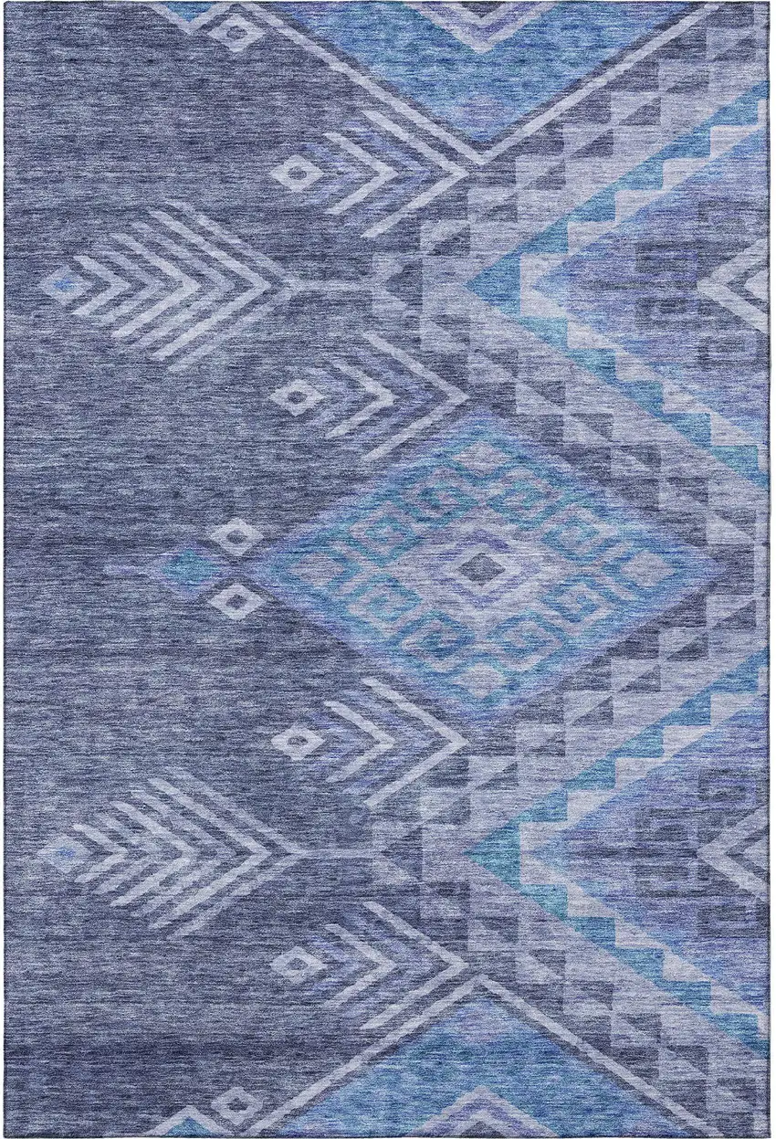 Navy Blue And Silver Geometric Washable Area Rug With UV Protection Photo 3