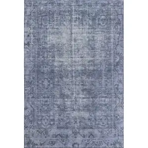 Photo of Navy Blue And Silver Oriental Washable Area Rug With UV Protection