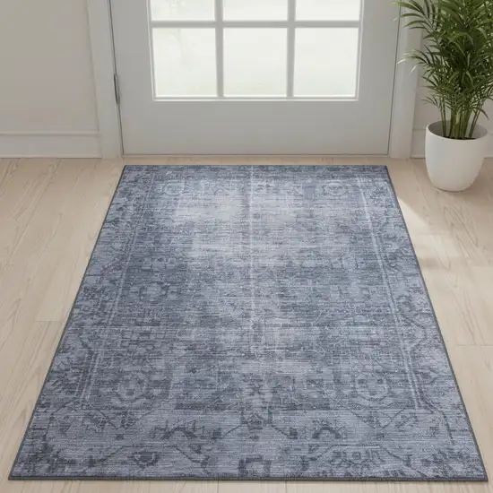 Navy Blue And Silver Oriental Washable Area Rug With UV Protection Photo 2