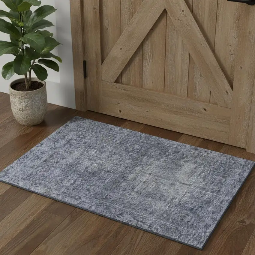 Navy Blue And Silver Oriental Washable Area Rug With UV Protection Photo 1