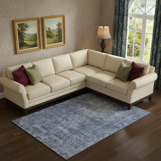 Navy Blue And Silver Oriental Washable Area Rug With UV Protection Photo 2