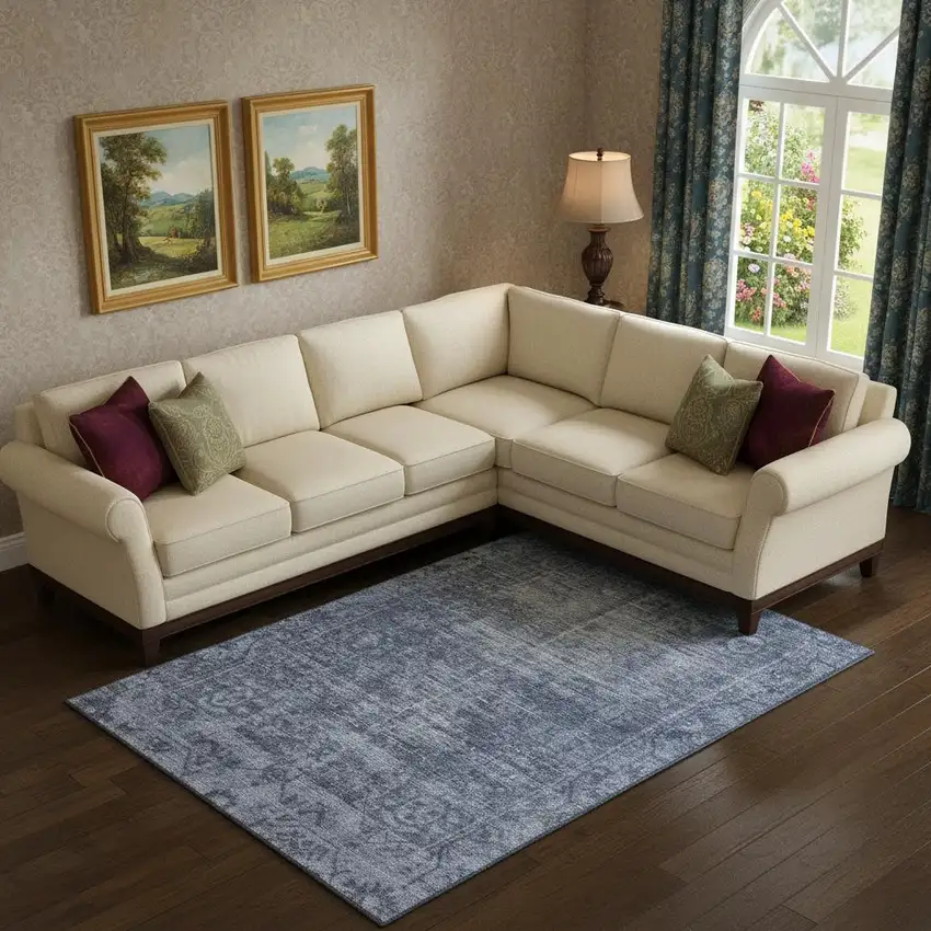 Navy Blue And Silver Oriental Washable Area Rug With UV Protection Photo 2