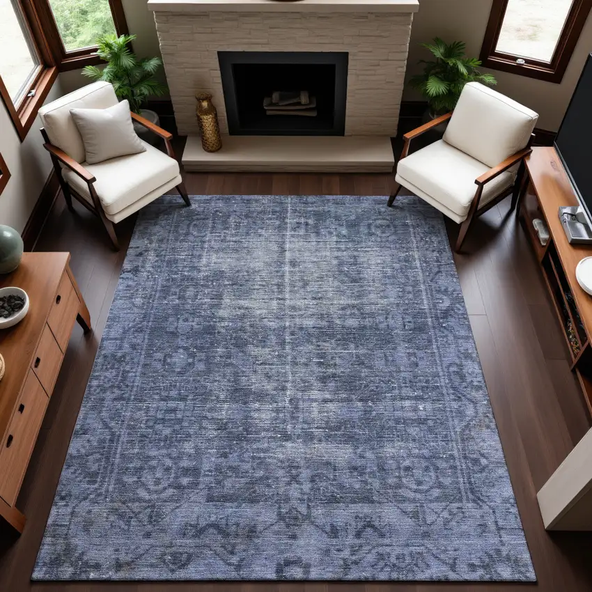 Navy Blue And Silver Oriental Washable Area Rug With UV Protection Photo 5
