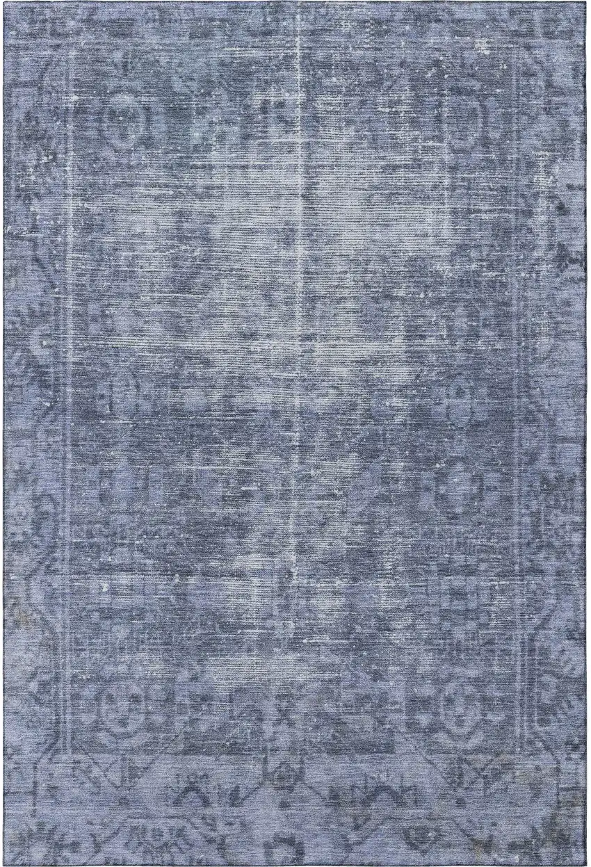 Navy Blue And Silver Oriental Washable Area Rug With UV Protection Photo 3