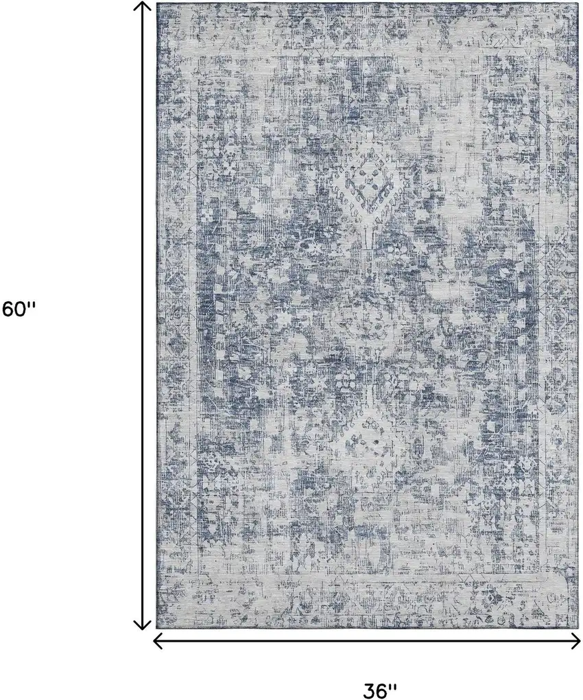 Navy Blue And Silver Oriental Washable Area Rug With UV Protection Photo 3