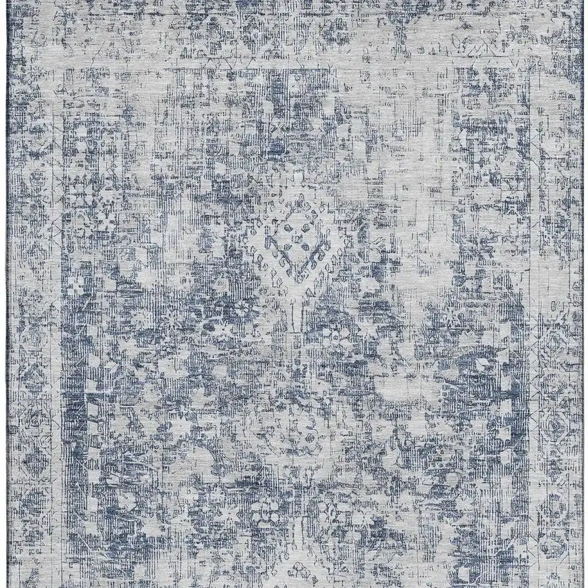 Navy Blue And Silver Oriental Washable Area Rug With UV Protection Photo 3