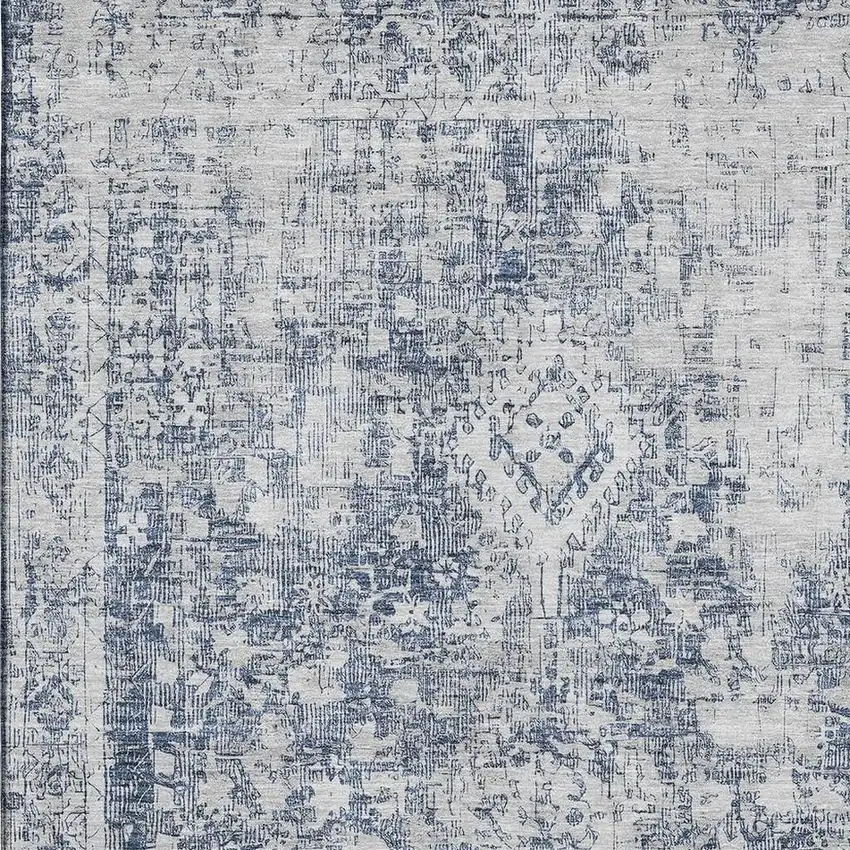 Navy Blue And Silver Oriental Washable Area Rug With UV Protection Photo 2