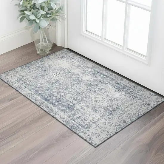 Navy Blue And Silver Oriental Washable Area Rug With UV Protection Photo 2
