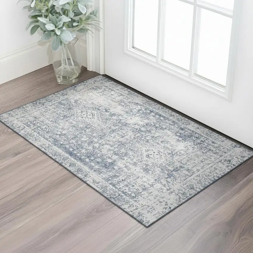 Navy Blue And Silver Oriental Washable Area Rug With UV Protection Photo 2