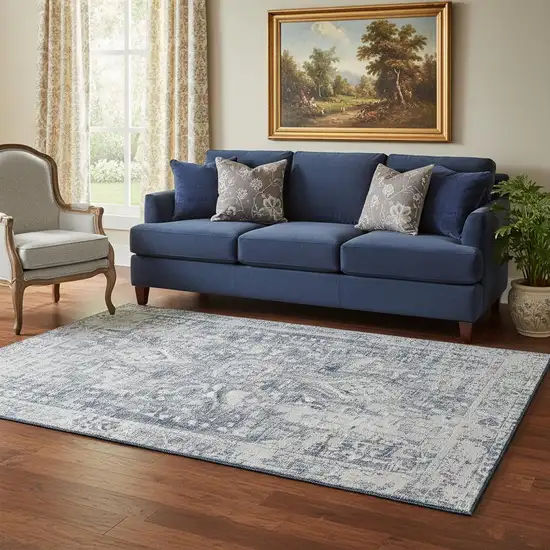Navy Blue And Silver Oriental Washable Area Rug With UV Protection Photo 2
