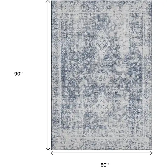 Navy Blue And Silver Oriental Washable Area Rug With UV Protection Photo 6