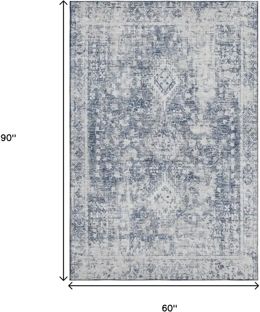 Navy Blue And Silver Oriental Washable Area Rug With UV Protection Photo 6