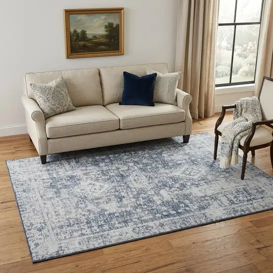 Navy Blue And Silver Oriental Washable Area Rug With UV Protection Photo 1