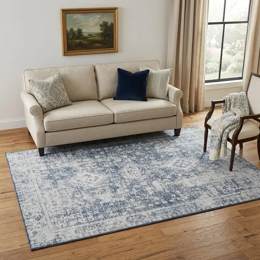 Navy Blue And Silver Oriental Washable Area Rug With UV Protection Photo 1