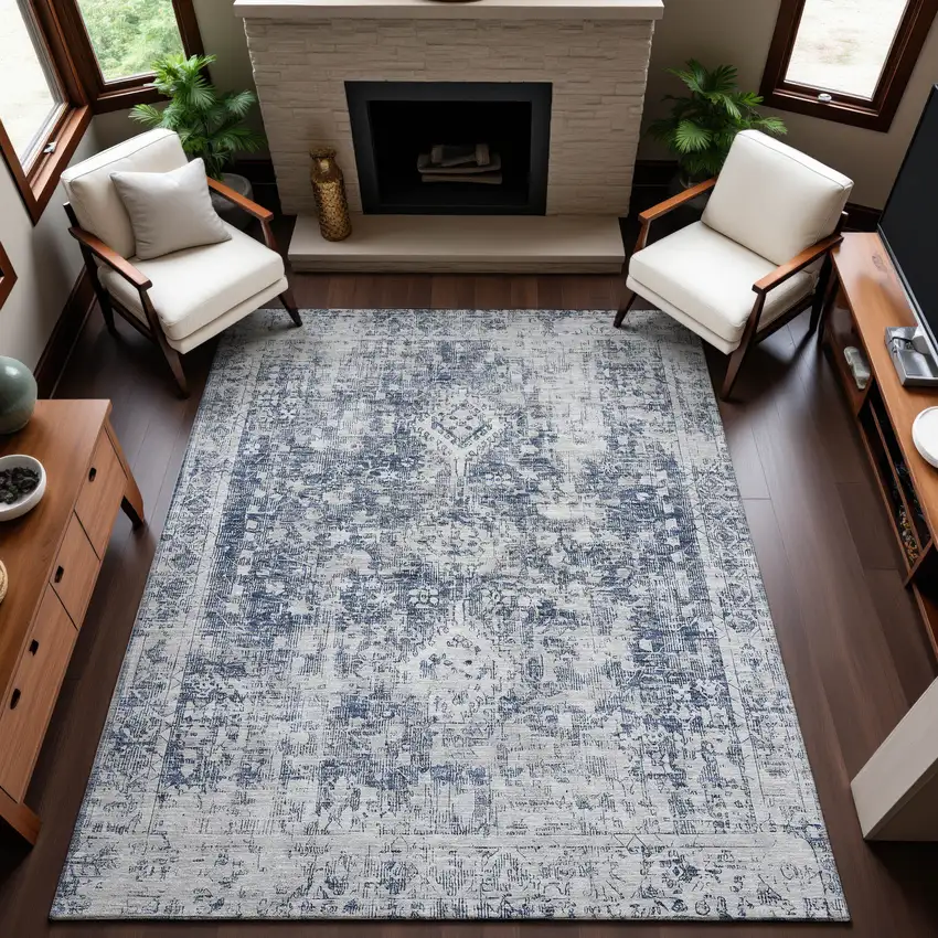 Navy Blue And Silver Oriental Washable Area Rug With UV Protection Photo 5