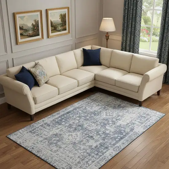 Navy Blue And Silver Oriental Washable Area Rug With UV Protection Photo 2