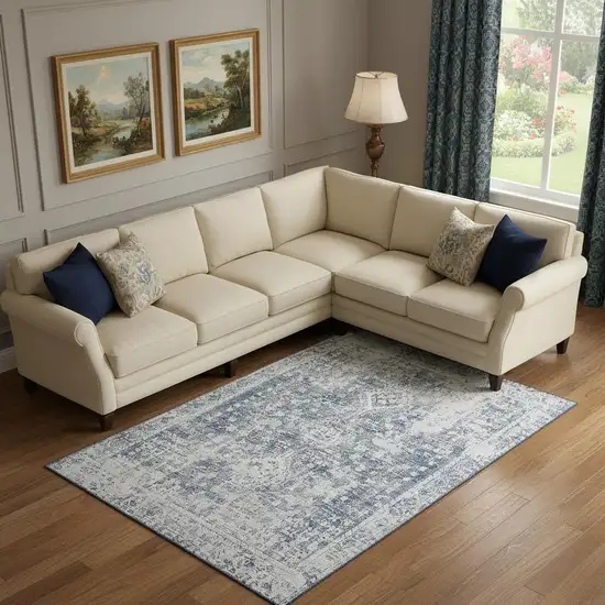 Navy Blue And Silver Oriental Washable Area Rug With UV Protection Photo 2