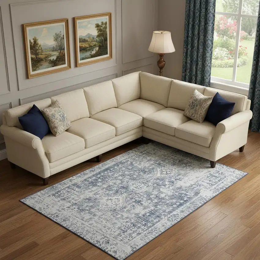 Navy Blue And Silver Oriental Washable Area Rug With UV Protection Photo 2