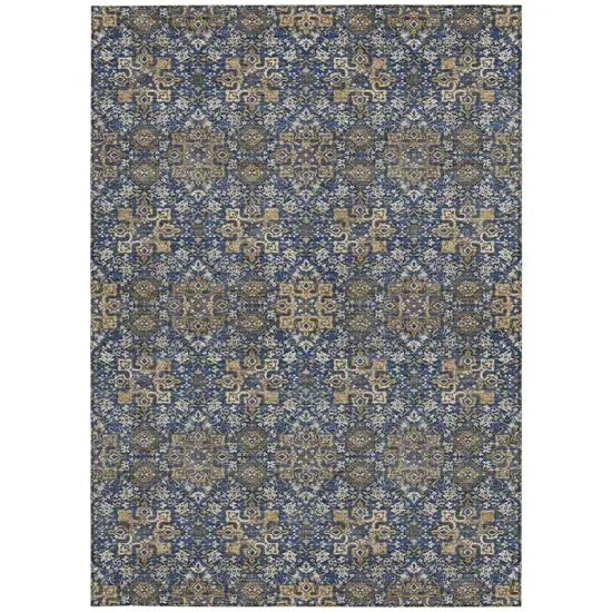 Navy Blue And Silver Oriental Washable Indoor Outdoor Area Rug Photo 4