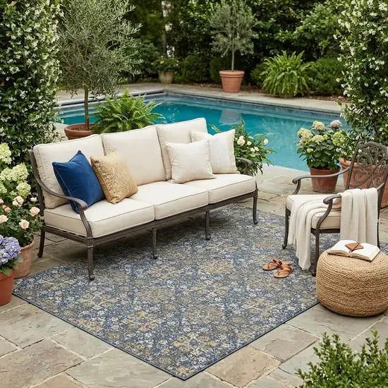 Navy Blue And Silver Oriental Washable Indoor Outdoor Area Rug Photo 1