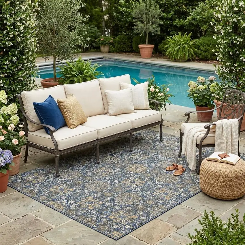 Navy Blue And Silver Oriental Washable Indoor Outdoor Area Rug Photo 1