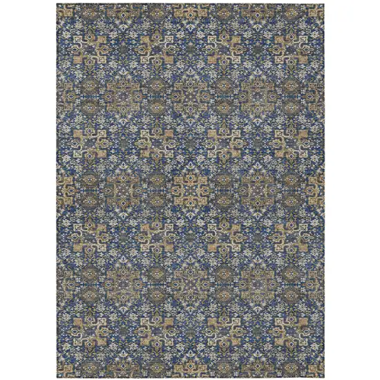 Navy Blue And Silver Oriental Washable Indoor Outdoor Area Rug Photo 2