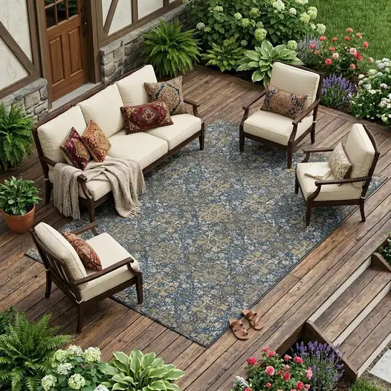 Navy Blue And Silver Oriental Washable Indoor Outdoor Area Rug Photo 1