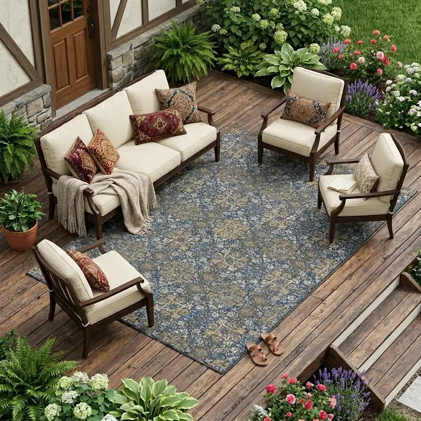 Navy Blue And Silver Oriental Washable Indoor Outdoor Area Rug Photo 1