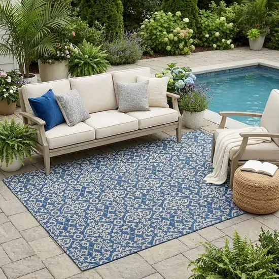 Navy Blue And Silver Oriental Washable Indoor Outdoor Area Rug Photo 1