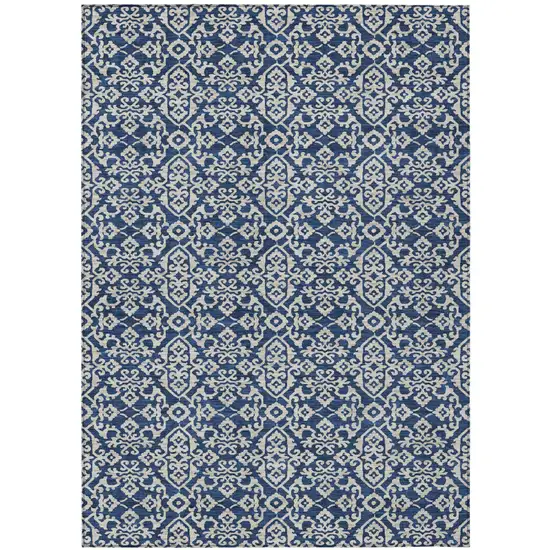 Navy Blue And Silver Oriental Washable Indoor Outdoor Area Rug Photo 2