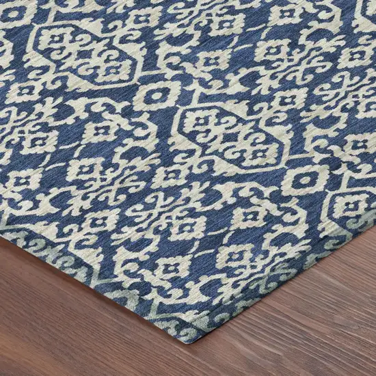 Navy Blue And Silver Oriental Washable Indoor Outdoor Area Rug Photo 5
