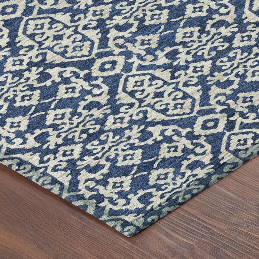 Navy Blue And Silver Oriental Washable Indoor Outdoor Area Rug Photo 5