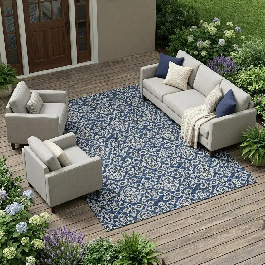 Navy Blue And Silver Oriental Washable Indoor Outdoor Area Rug Photo 1