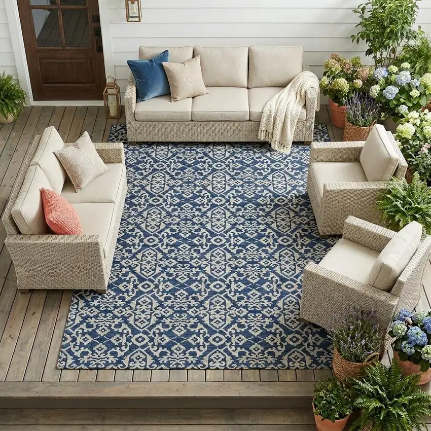 Navy Blue And Silver Oriental Washable Indoor Outdoor Area Rug Photo 1