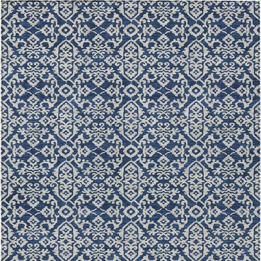 Navy Blue And Silver Oriental Washable Indoor Outdoor Area Rug Photo 4