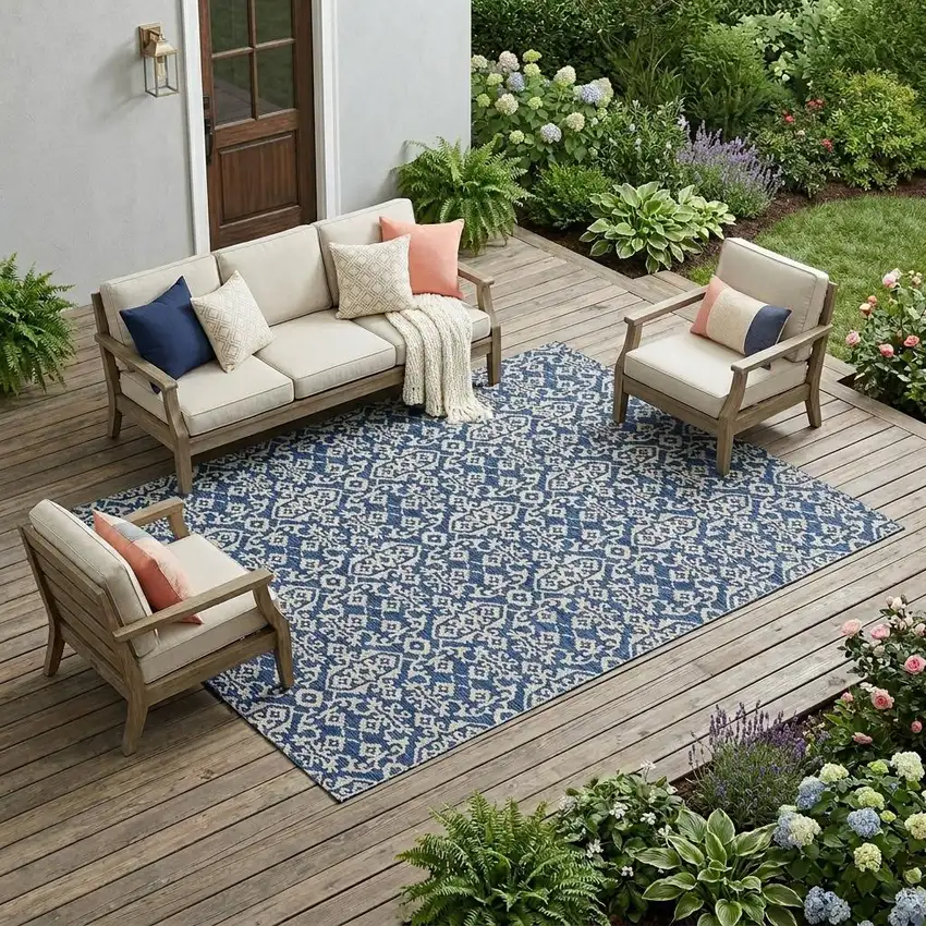 Navy Blue And Silver Oriental Washable Indoor Outdoor Area Rug Photo 1