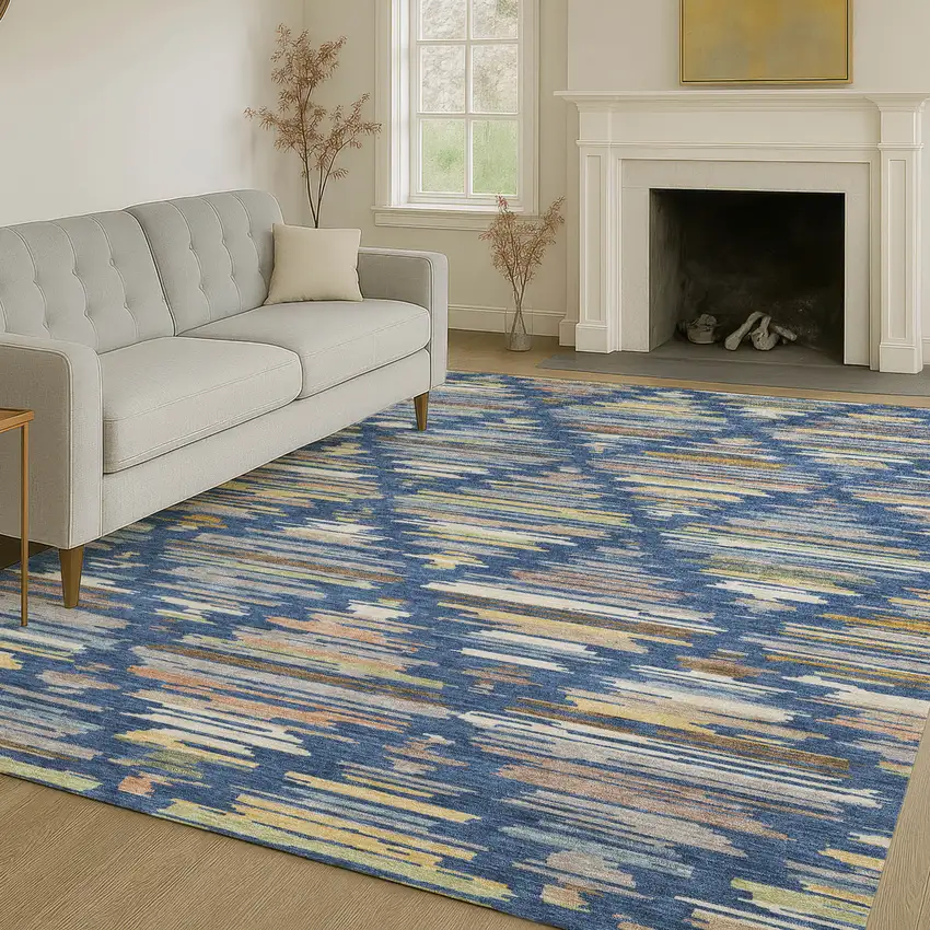 Navy Blue And Silver Southwestern Washable Indoor Outdoor Area Rug Photo 6