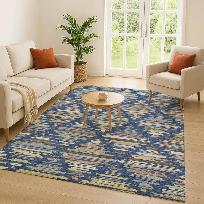 Navy Blue And Silver Southwestern Washable Indoor Outdoor Area Rug Photo 5