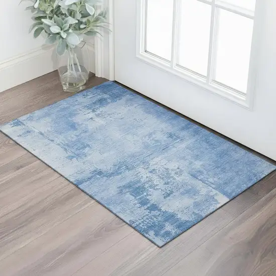 Navy Blue And Sky Blue Abstract Washable Area Rug With UV Protection Photo 2