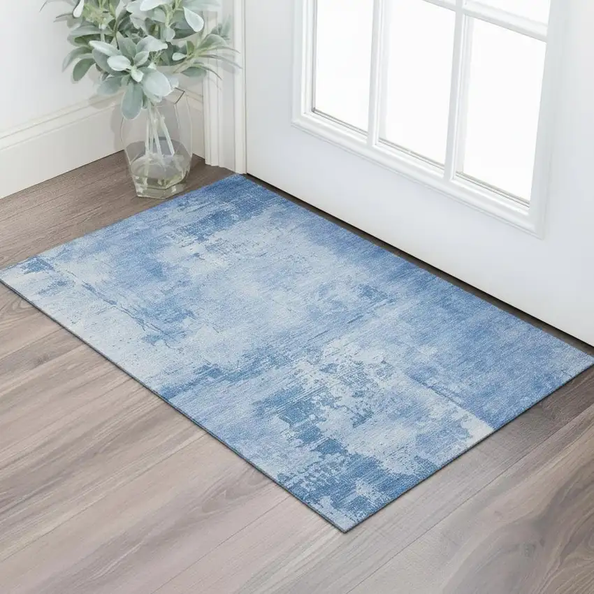 Navy Blue And Sky Blue Abstract Washable Area Rug With UV Protection Photo 2